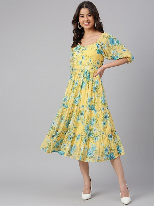 Women Yellow Georgette Floral Print Flared Western Dress