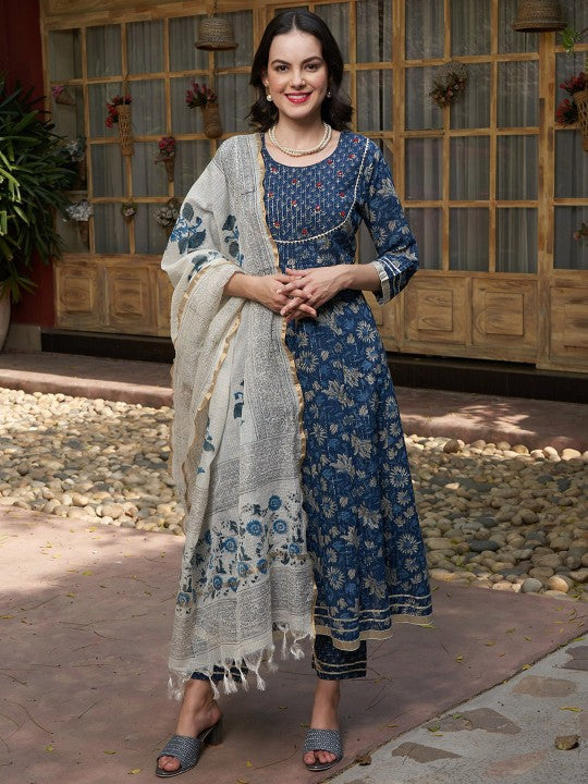 Blue Printed Gotta Patti Pure Cotton Empire A-Line Kurta with Trousers & Dupatta